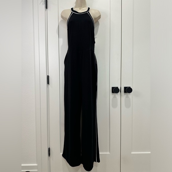 INC Contrast Piping Halter Jumpsuit Black White Stripe Straight Leg Large Chic - Picture 4 of 15